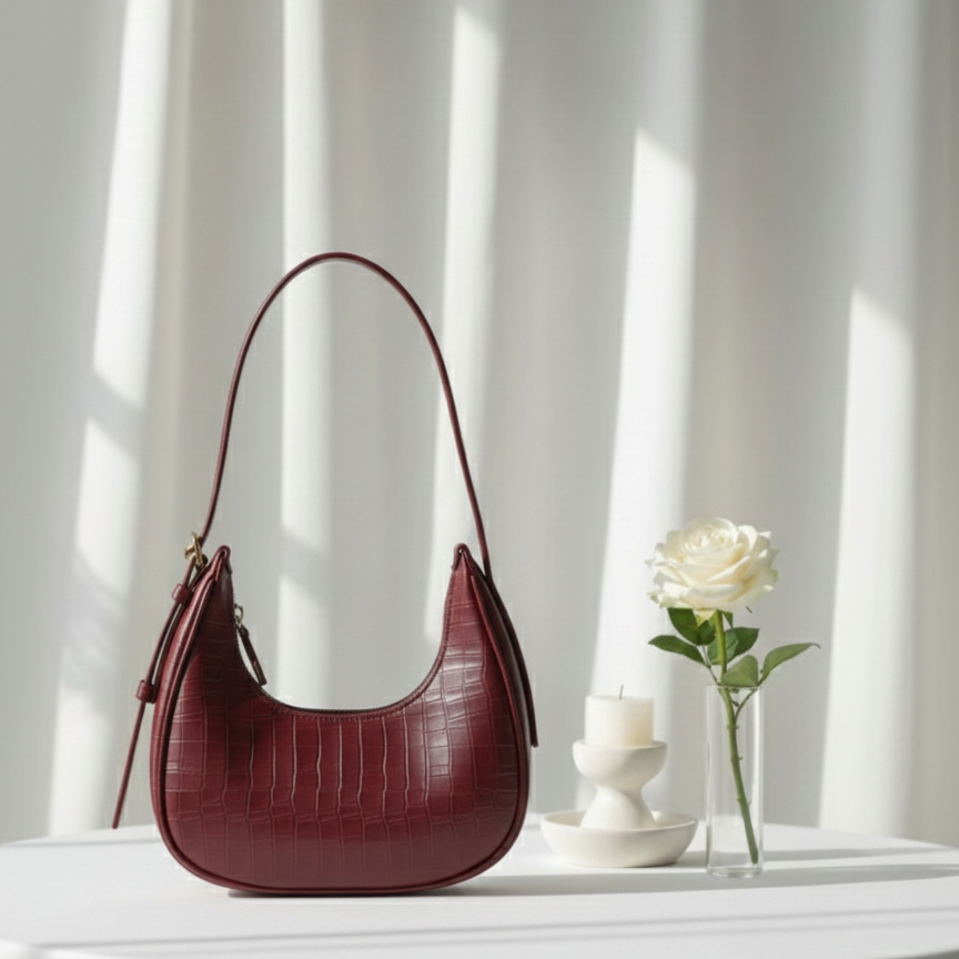 Maroon Belle Croc Moon Shape Bag