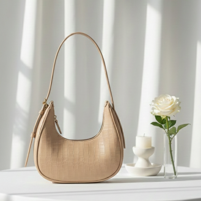 Beige Belle Croc Moon Shape Bag