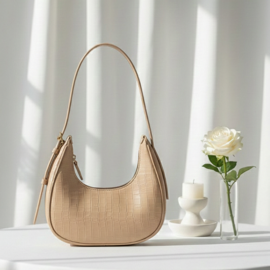 Beige Belle Croc Moon Shape Bag